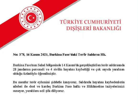Dışişleri'nden Burkina Faso'daki terör saldırısına kınama
